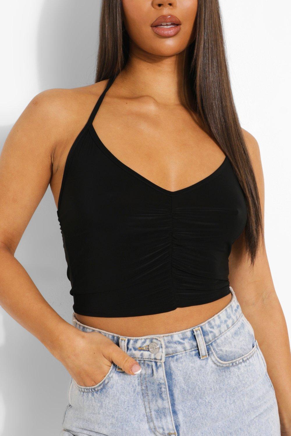 Black Ruched V Neck Crop Top