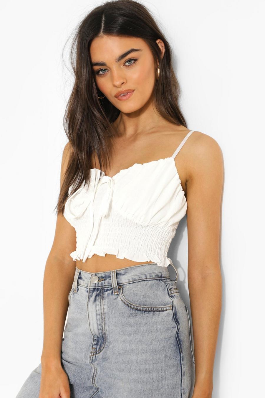 White Woven Tie Front Shirred Camisole image number 1