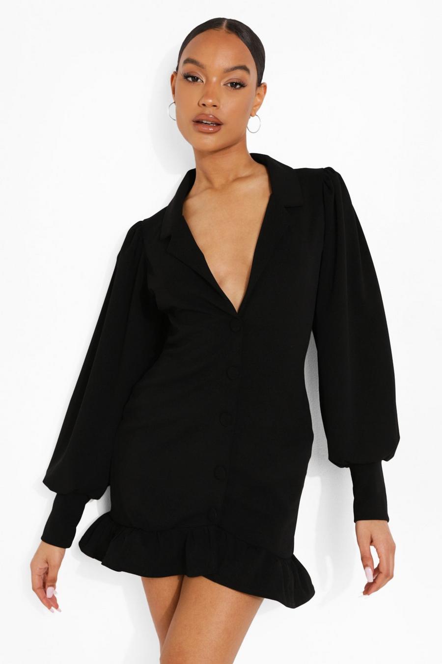 Black Volume Sleeve Ruffle Hem Blazer Dress image number 1