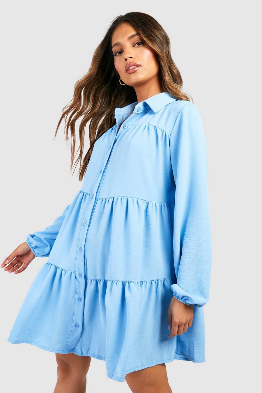 Powder blue azul Textured Smock Shirt Dress