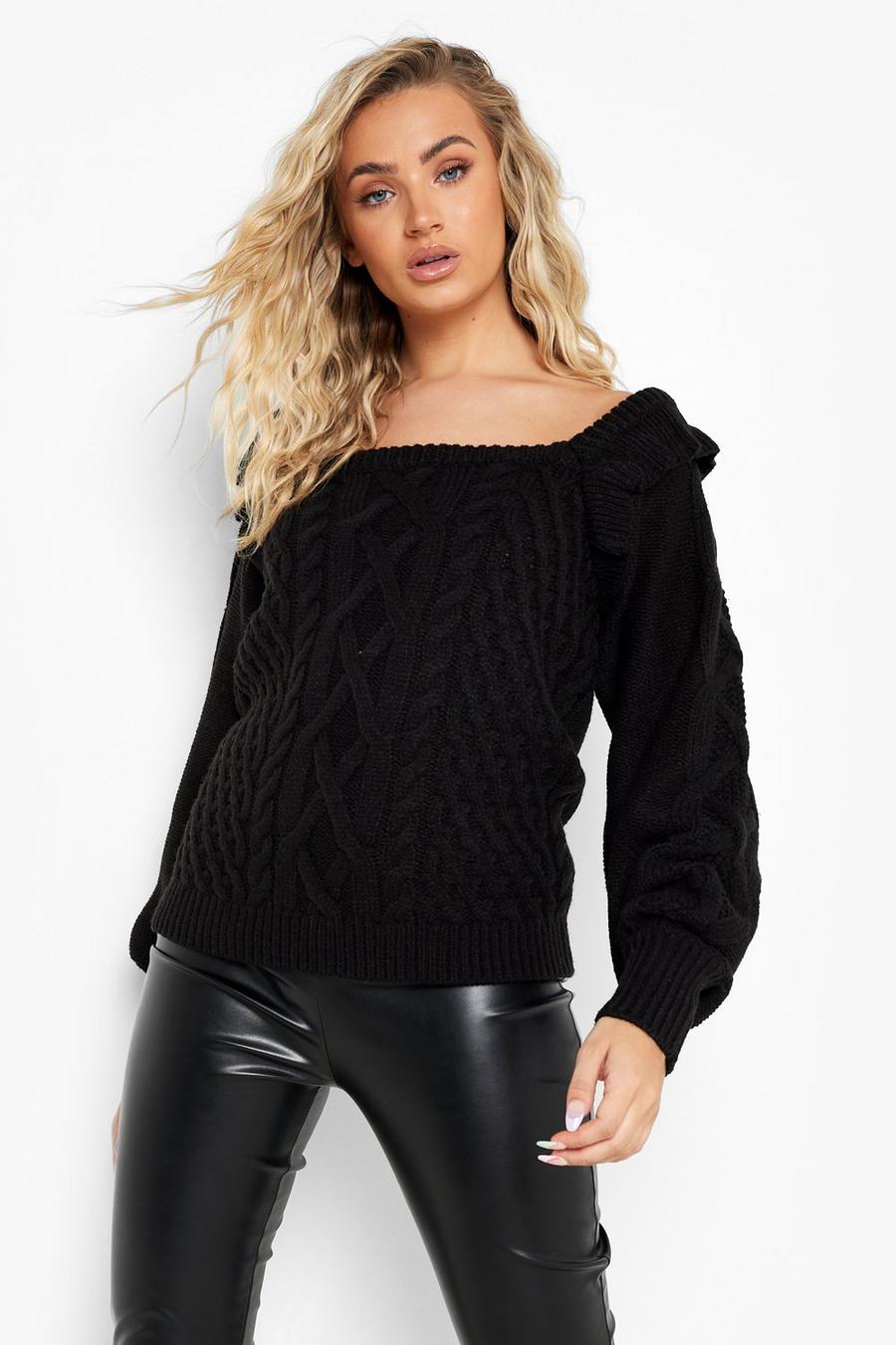 Black Frill Hem Cable Knitted Sweater image number 1