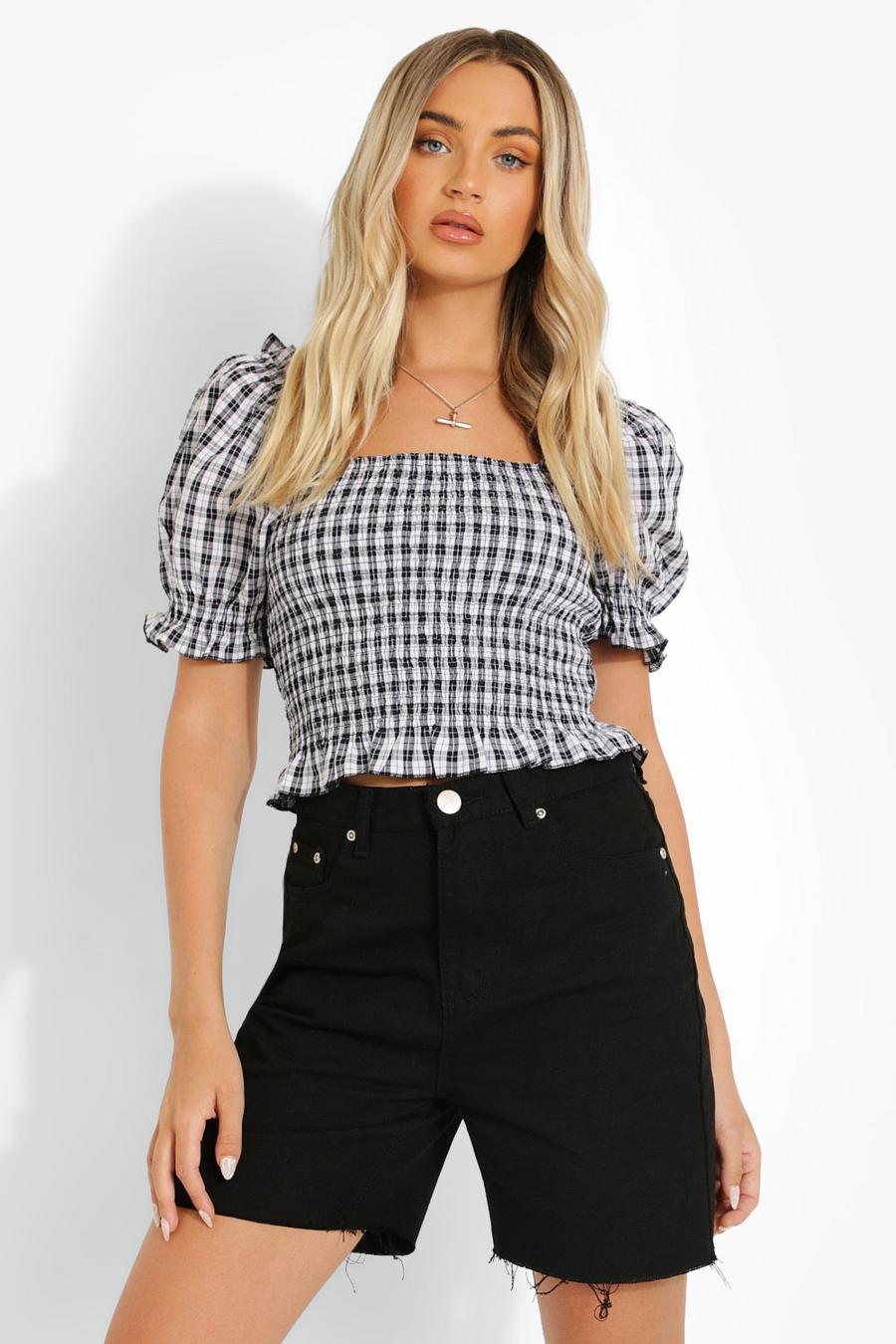 Black Gingham Shirred Puff Sleeve Top image number 1