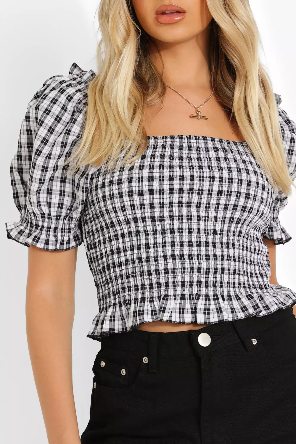 Gingham Shirred Puff Sleeve Top