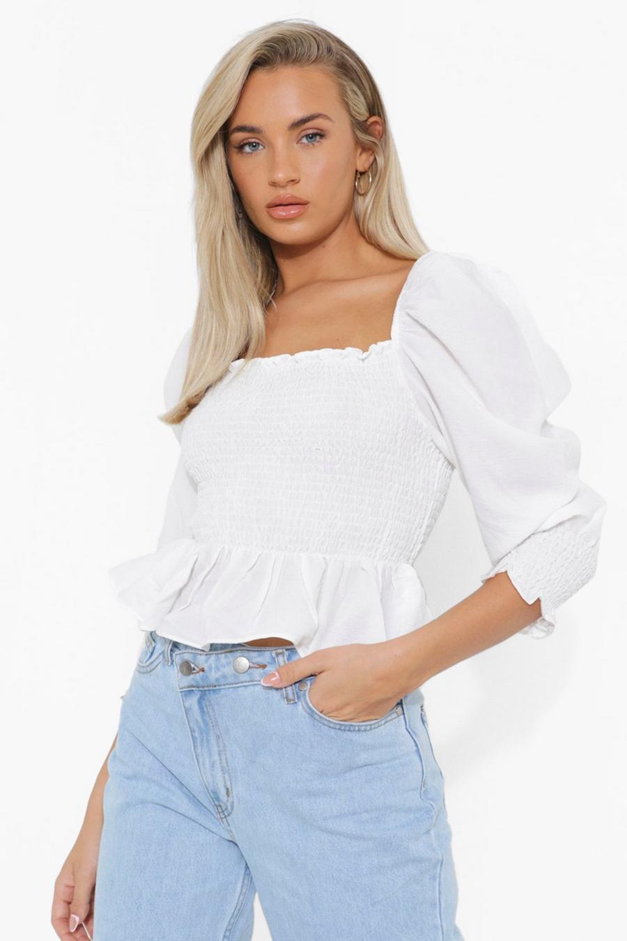 White Shirred Square Neck Puff Sleeve Top image number 1