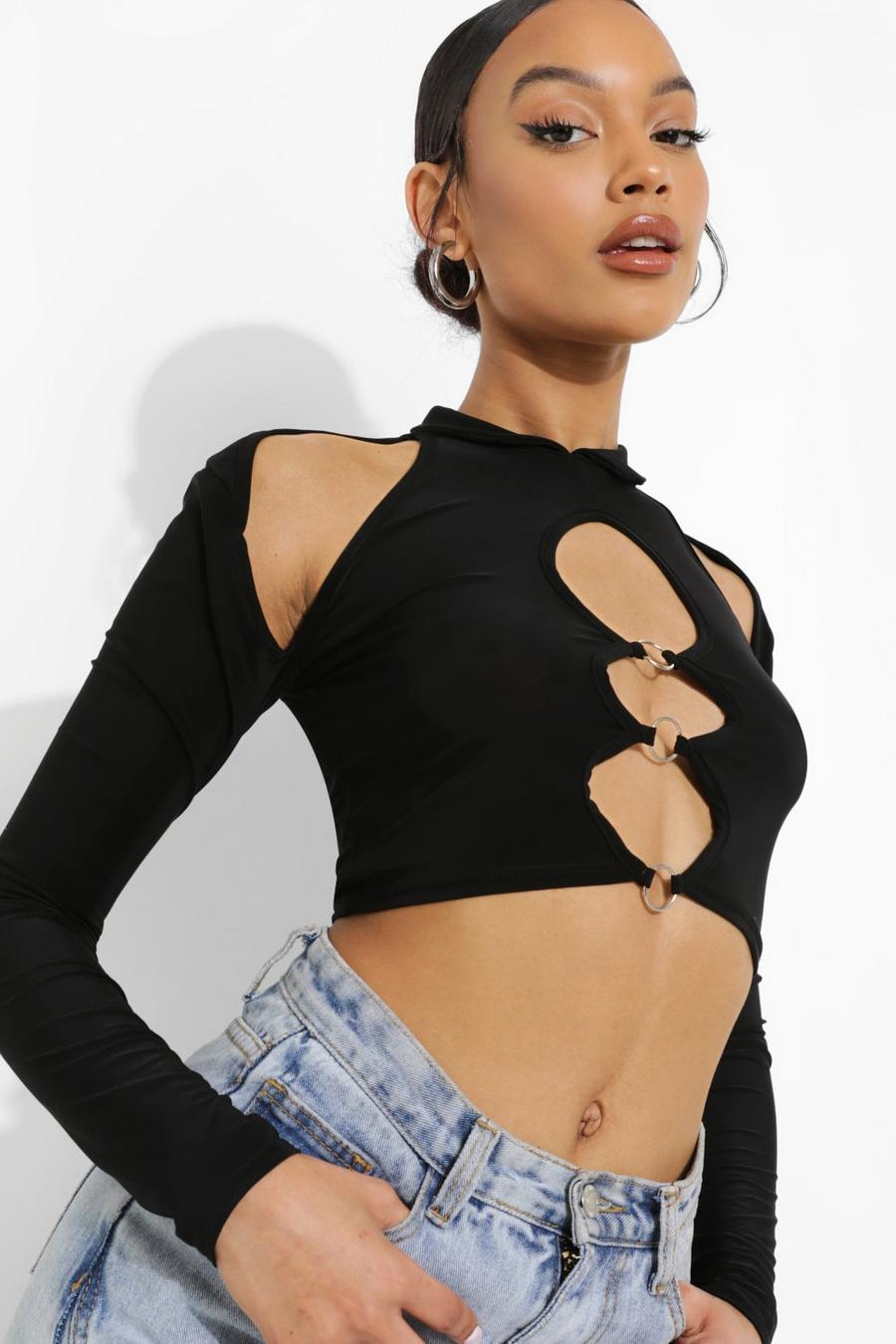 Ring Cut-Out Crop Top, Black image number 1