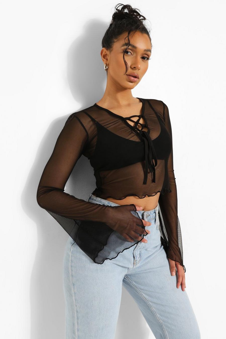 Black Lace Up Mesh Long Sleeve Top image number 1