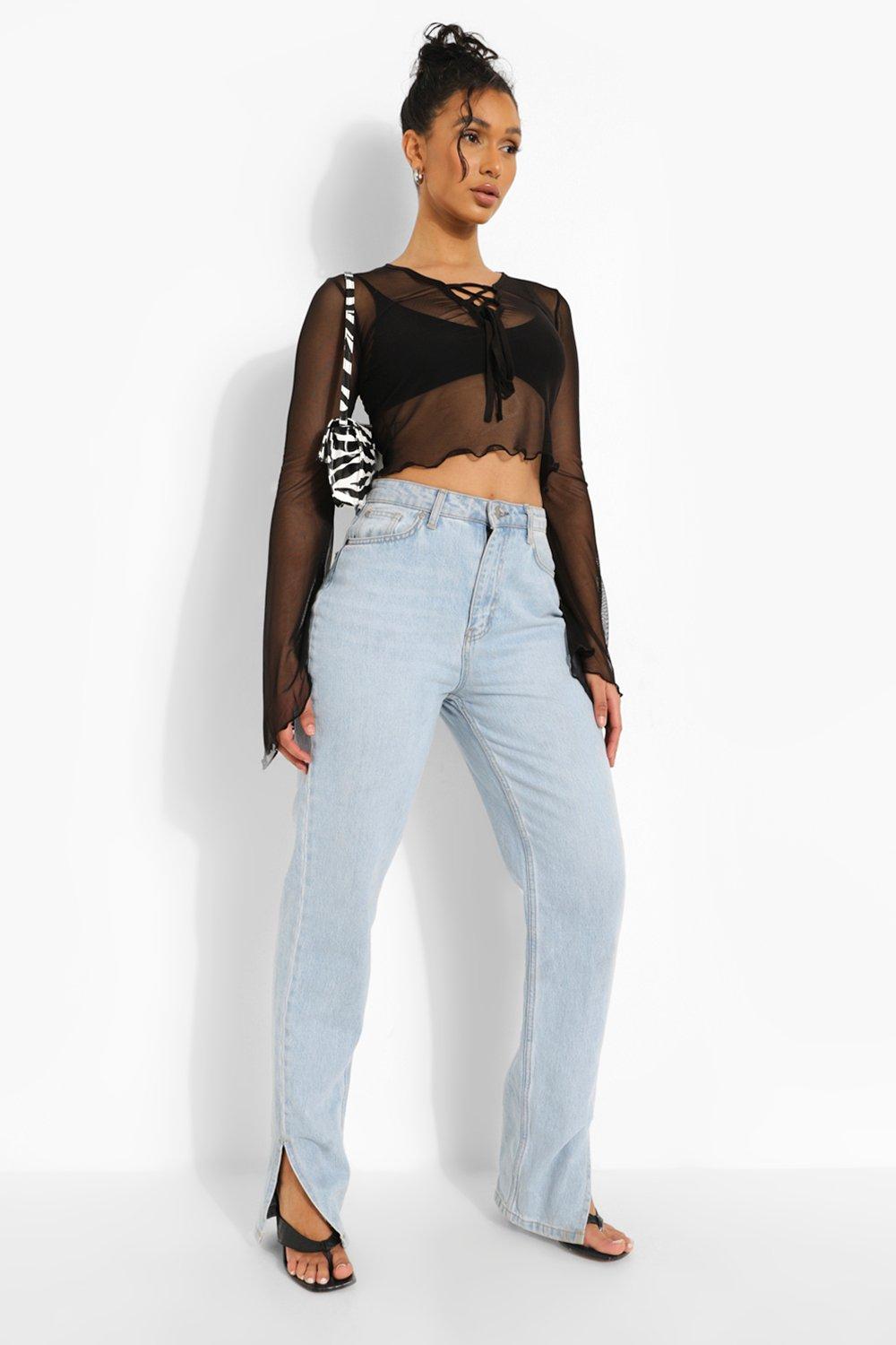 Black Lace Up Mesh Long Sleeve Top