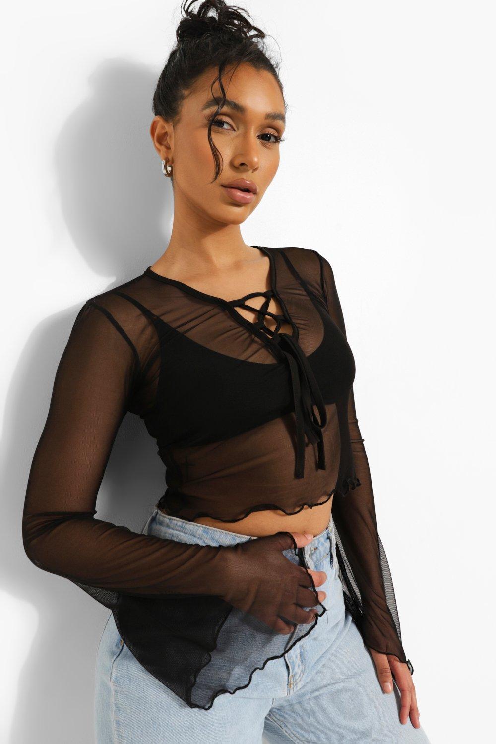 Mesh lace long store sleeve top