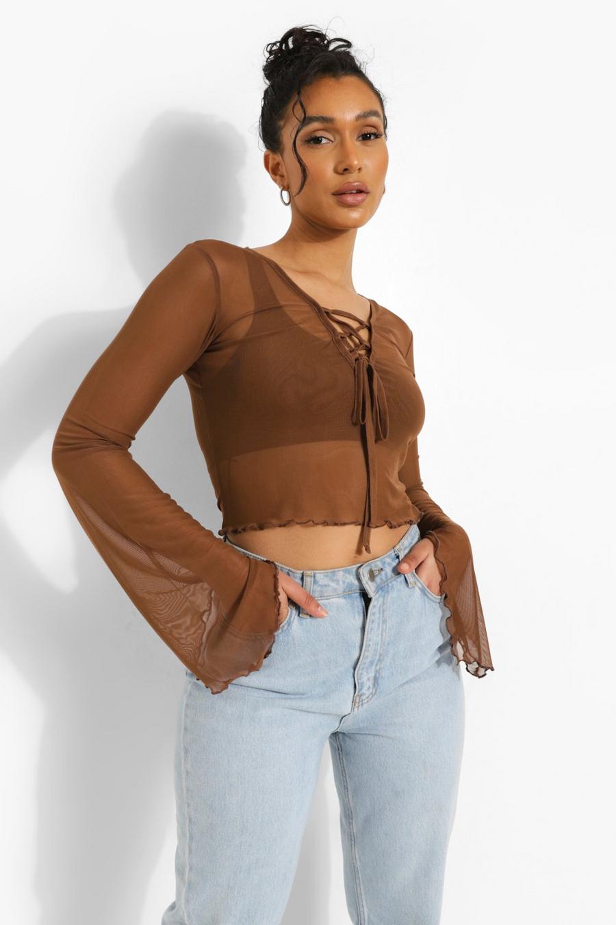 Chocolate Lace Up Mesh Long Sleeve Top image number 1