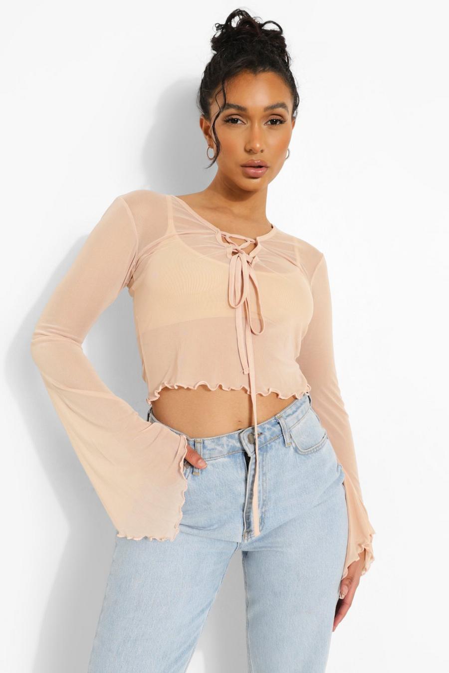 Nude Lace Up Mesh Long Sleeve Top image number 1