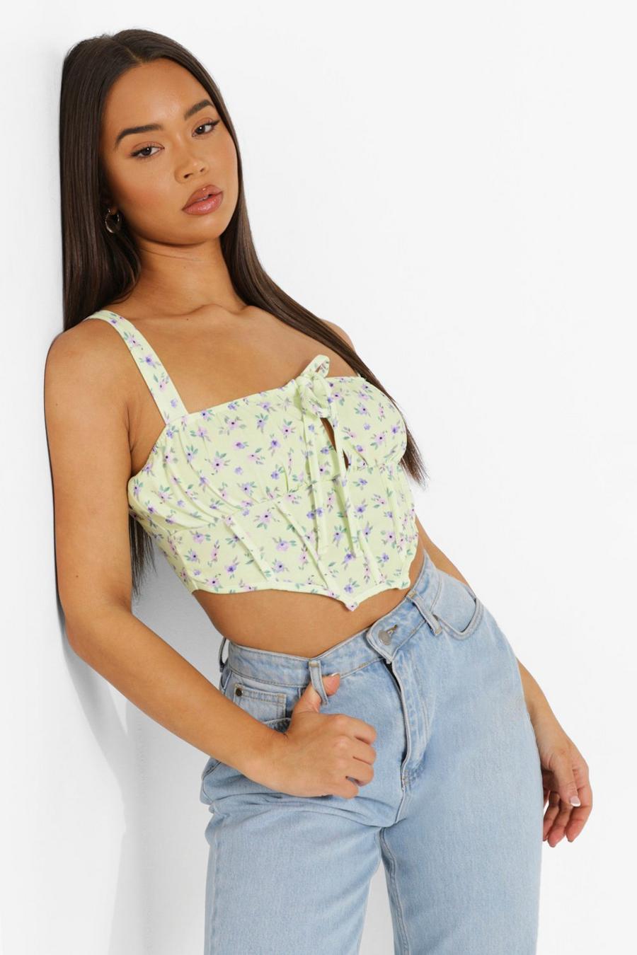 Yellow Floral Print Corset Style Top image number 1