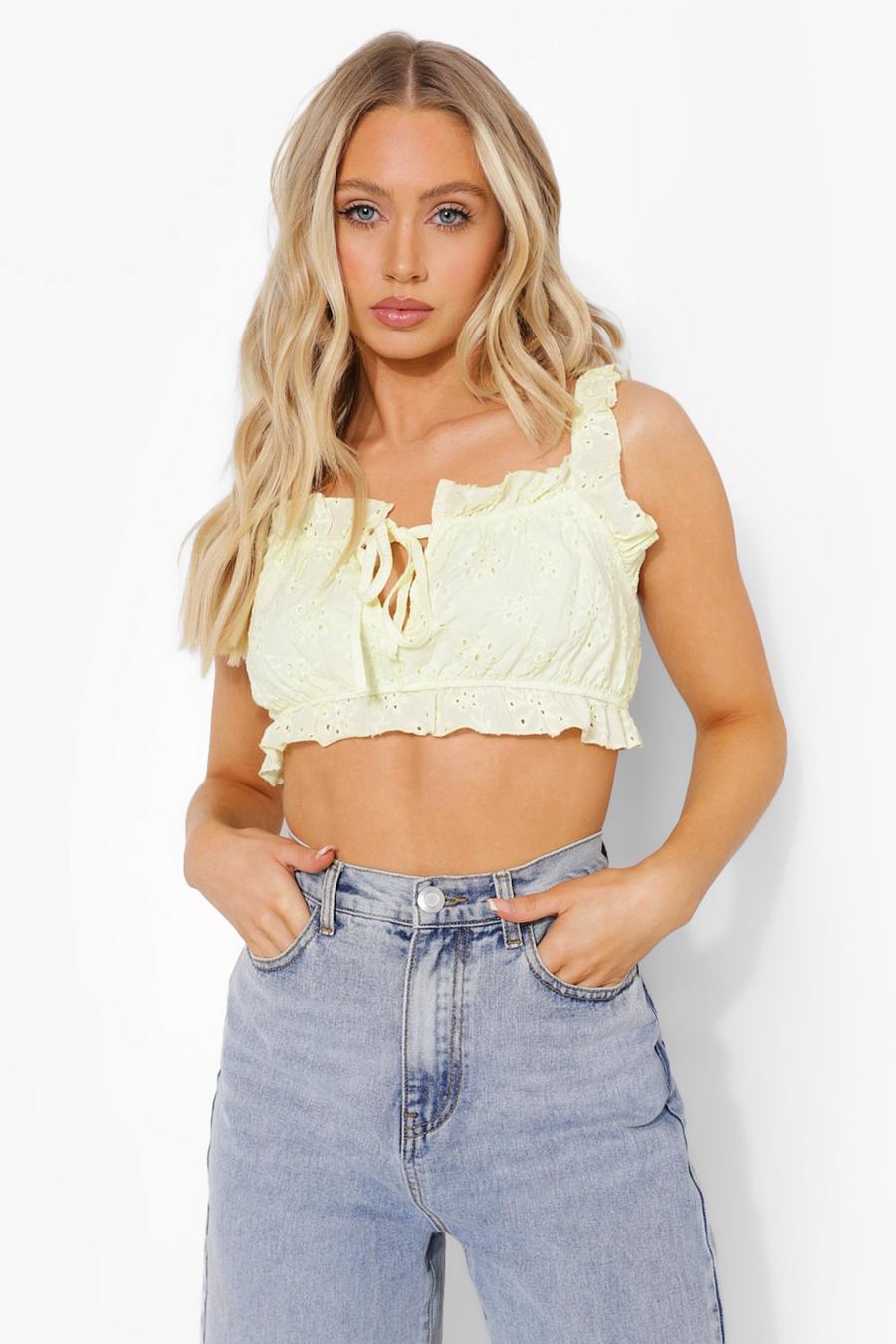 Yellow Crop top med broderie anglaise och volanger image number 1