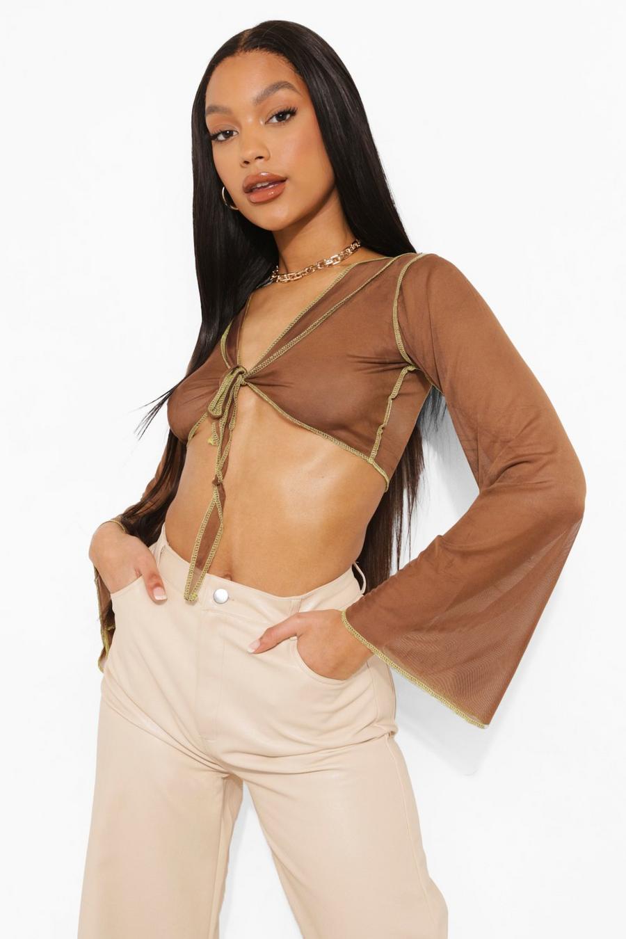 Chocolate Contrast Stitch Mesh Crop Top image number 1