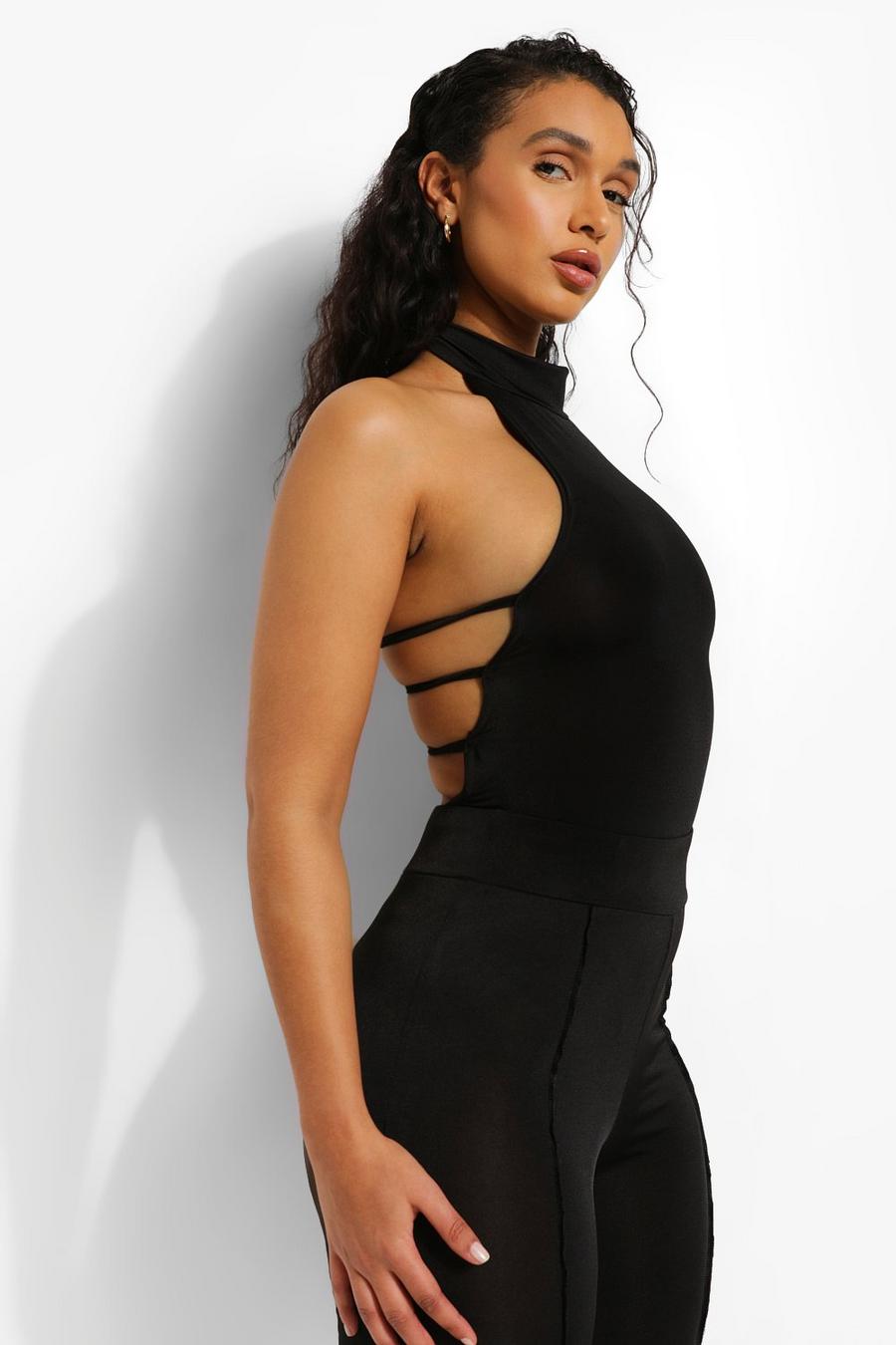 Black High Neck Stappy Back Body Suit image number 1