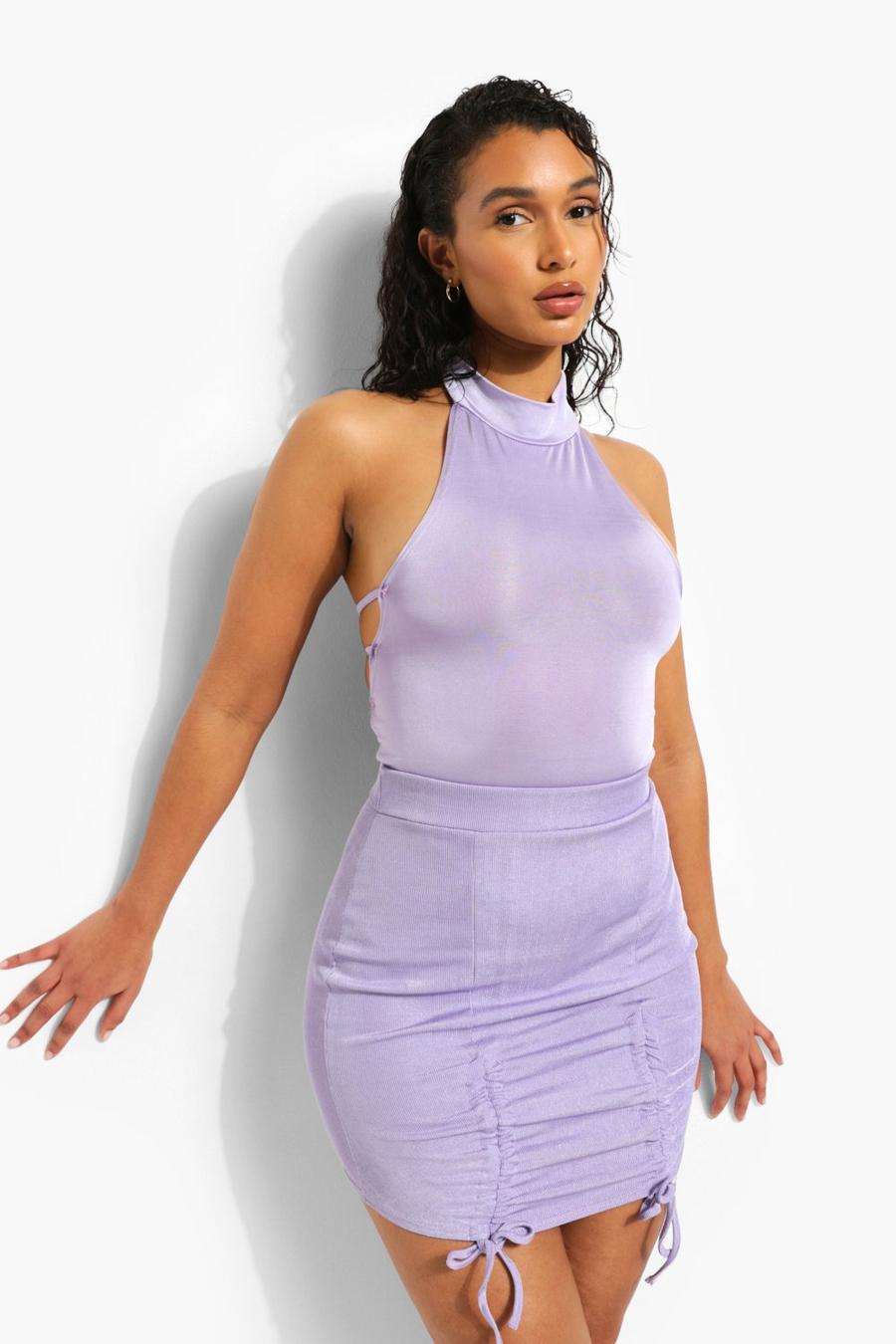 Purple High Neck Stappy Back Body Suit image number 1