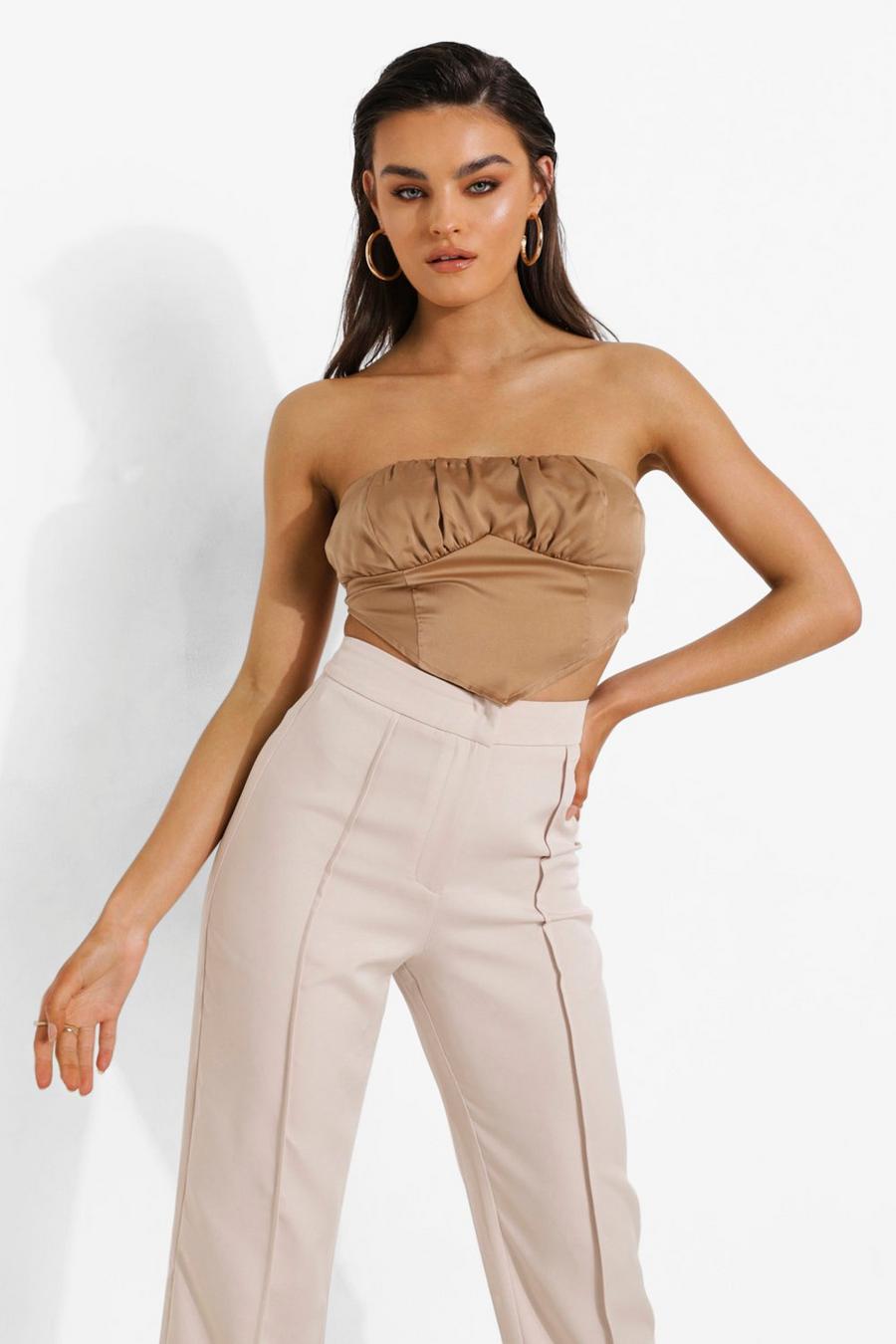 Brown Ruched Tie Back Satin Tube Top image number 1