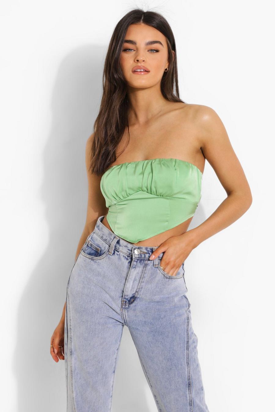 Green Ruched Tie Back Satin Tube Top image number 1