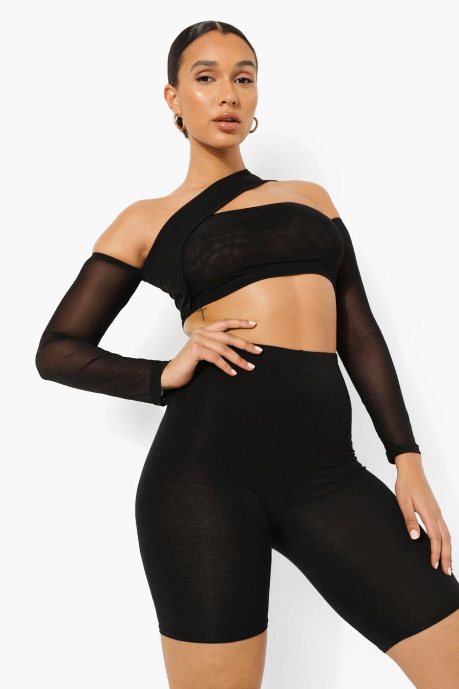 Black Asymmetric Mesh Print Crop Top image number 1