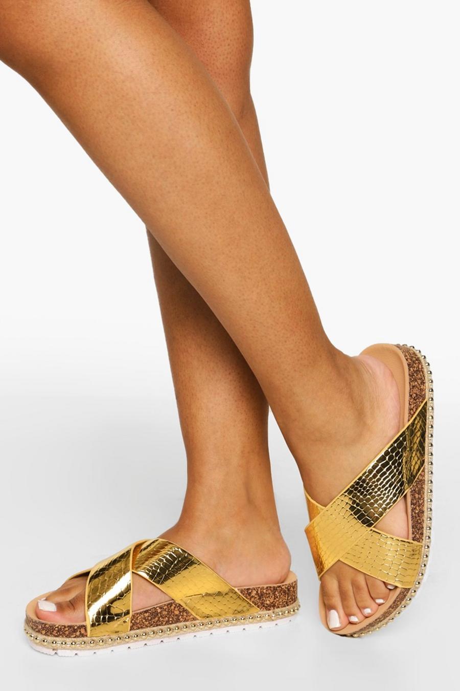 Sandali in PU effetto pelle di serpente lucido con fasce incrociate, Oro metálicos