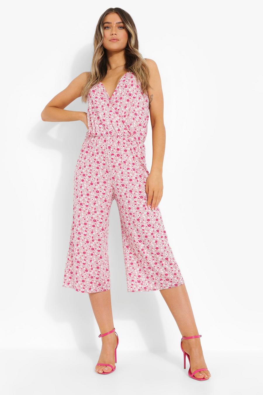 Pink Bloemenpatroon Culotte Jumpsuit Met V-Hals image number 1