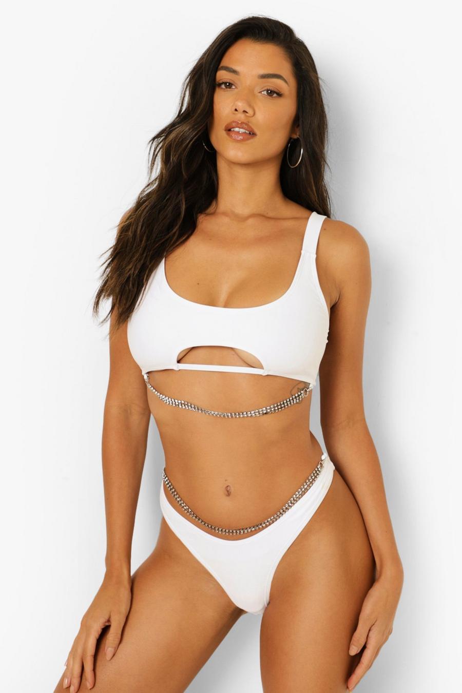 White Cut Out Chain Detail Bikini Brief image number 1
