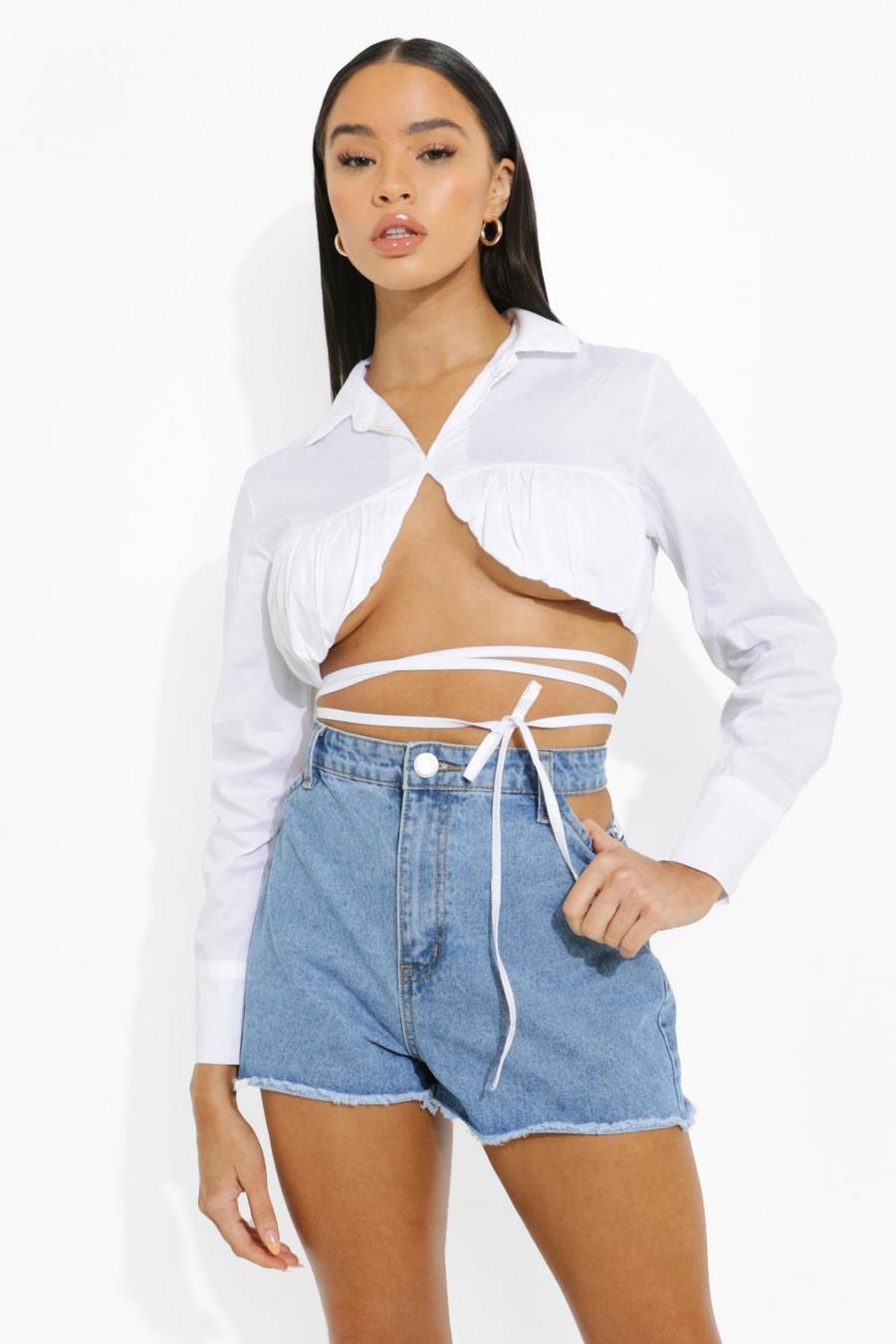 Mid wash Cut Out High Waist Denim Mom Shorts image number 1