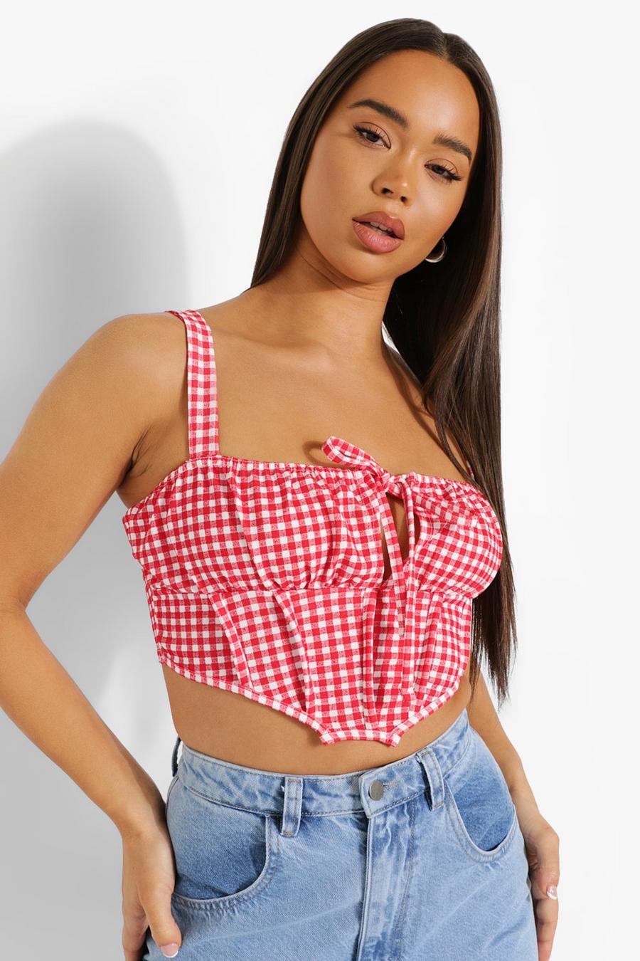 Red rouge Gingham Corset Style Crop Top image number 1