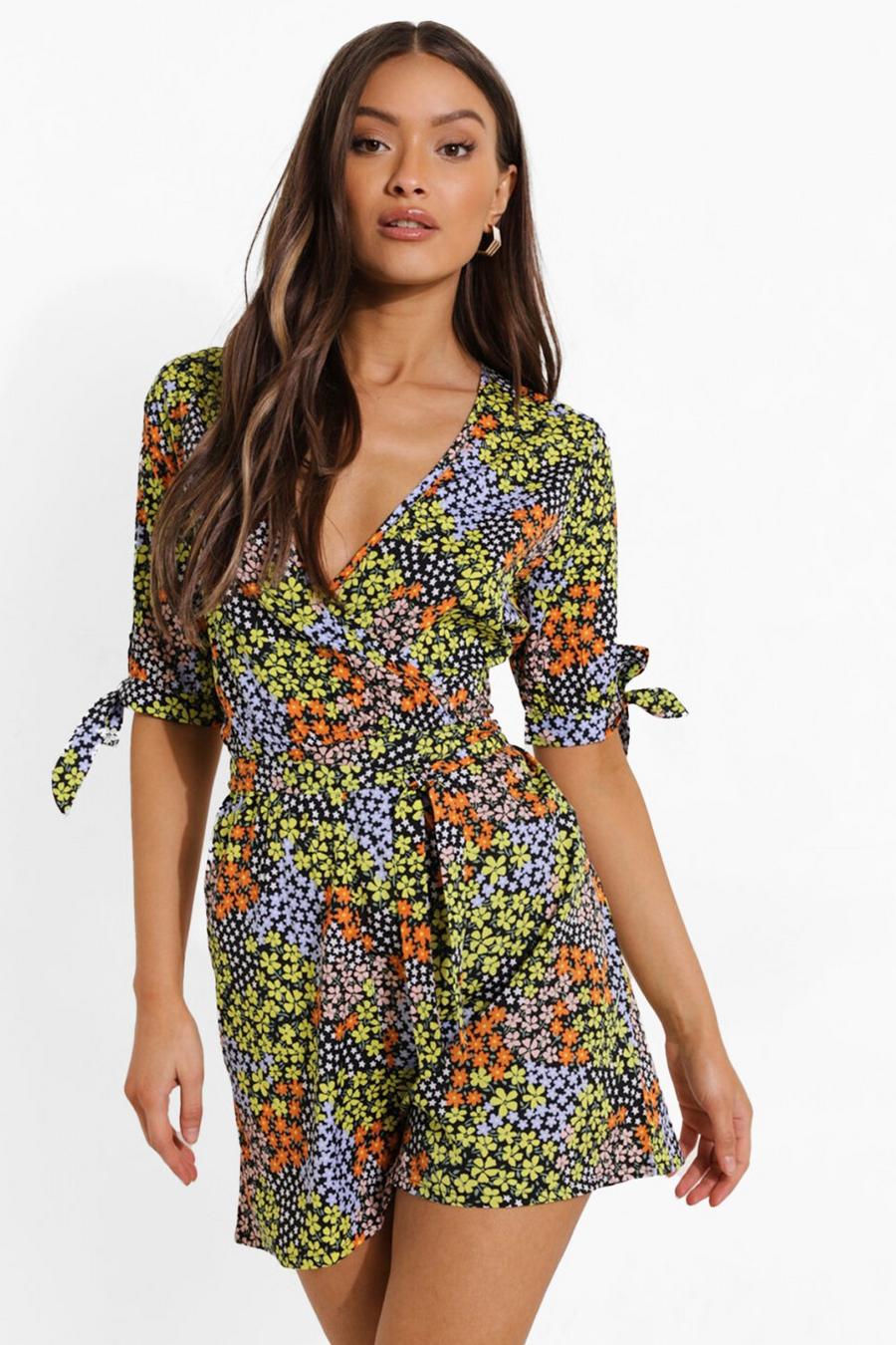 Black Mixed Floral Tie Waist Flippy Playsuit image number 1