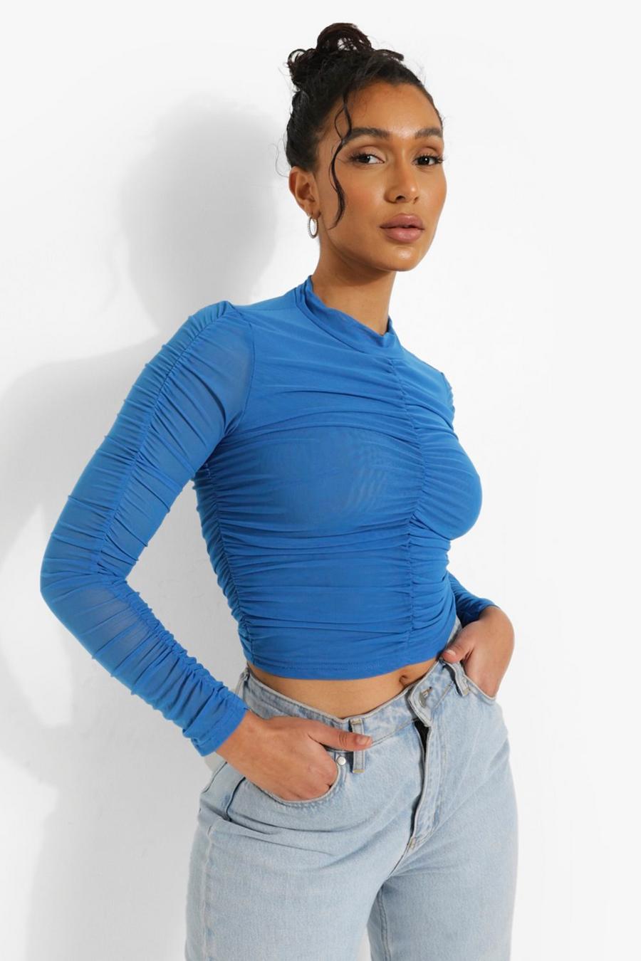 Blue Mesh Ruched Top image number 1