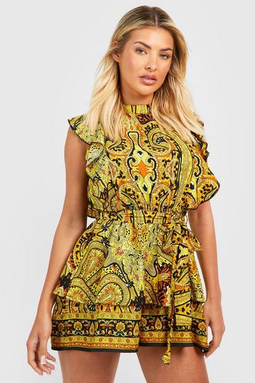 Yellow Abstract Ruffle Belted Romper