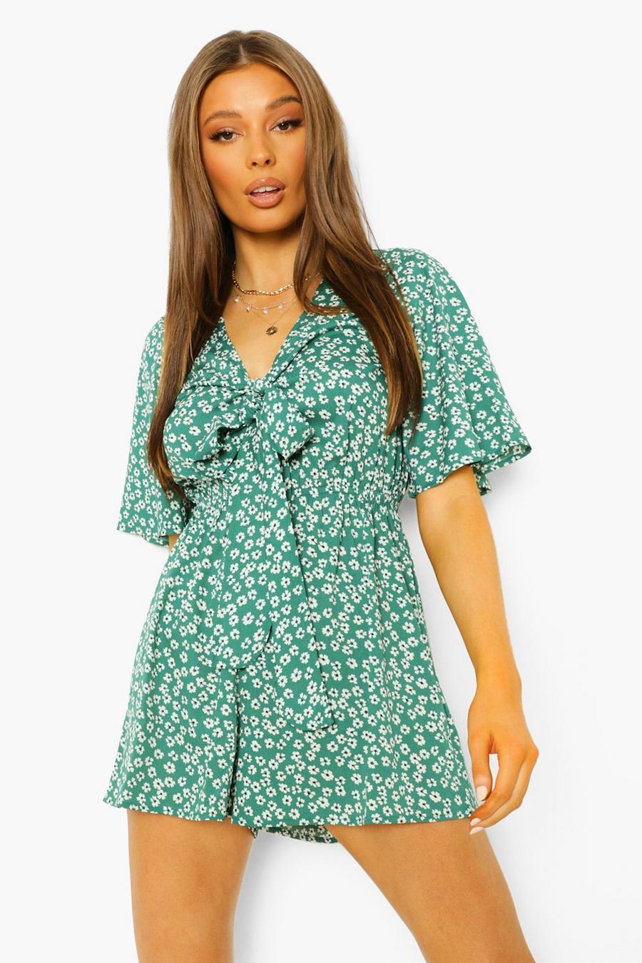Green Ditsy Floral Tie Detail Playsuit image number 1