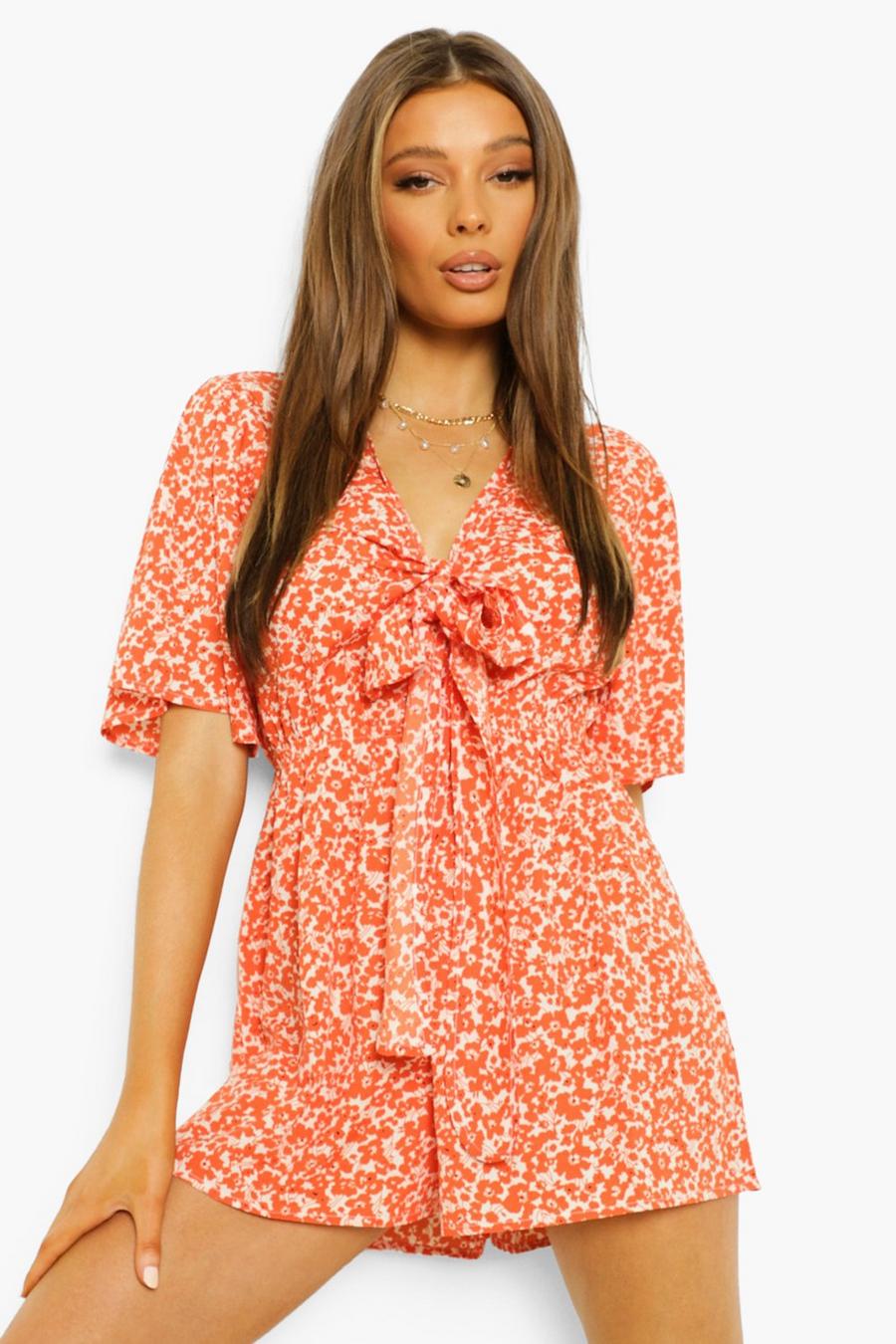 White Floral Tie Bust Cut Out Romper image number 1