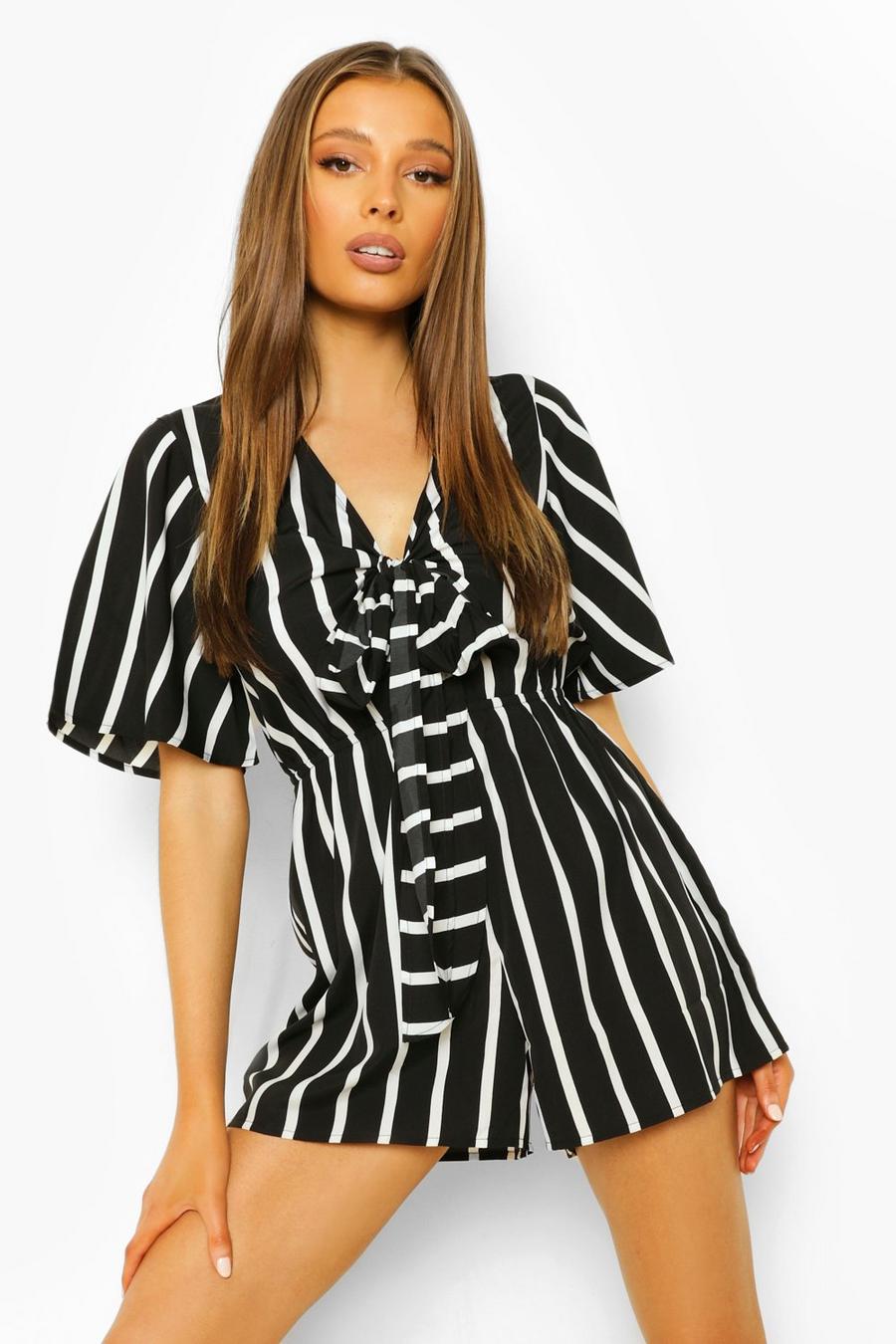 Black Striped Tie Bust Cut Out Playsuit image number 1