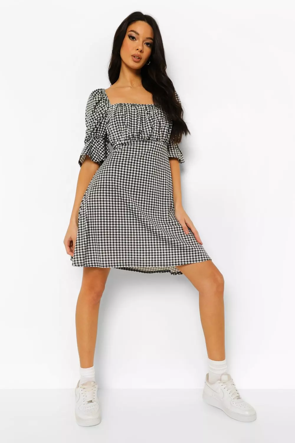 Black gingham tie store waist tea dress