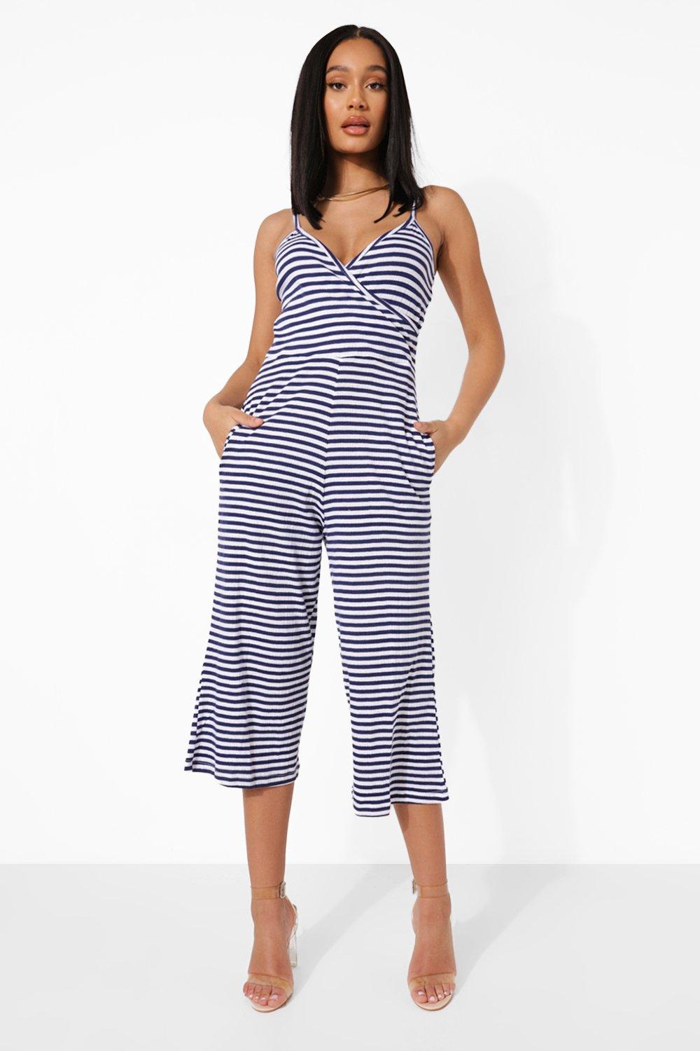 Navy striped cheap culotte jumpsuit