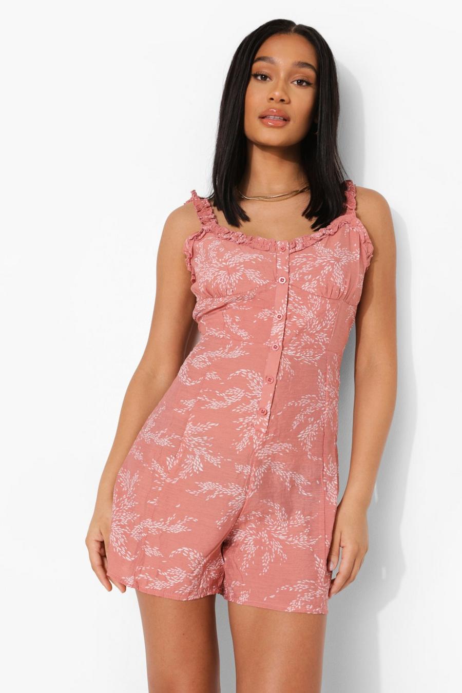 Pink Leaf Print Frill Button Down Flippy Playsuit image number 1