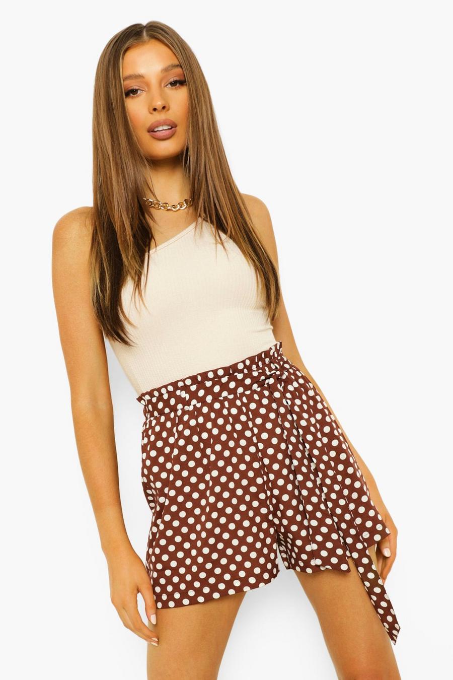 Chocolate Polka Dot Belted Flowy Shorts image number 1