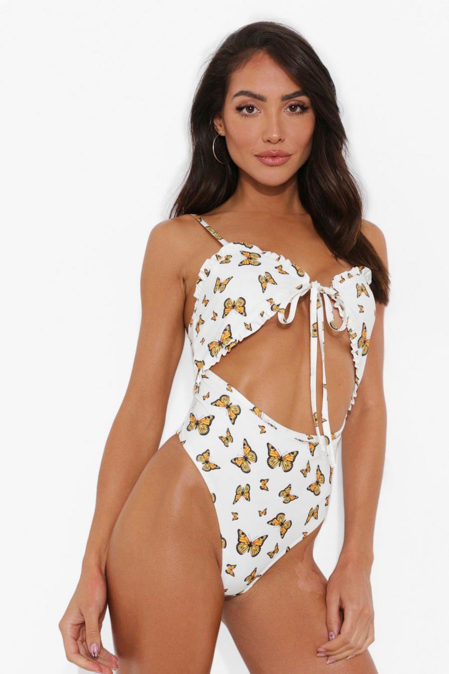 White Butterfly Frill Edge Cut Out Strappy Swimsuit image number 1