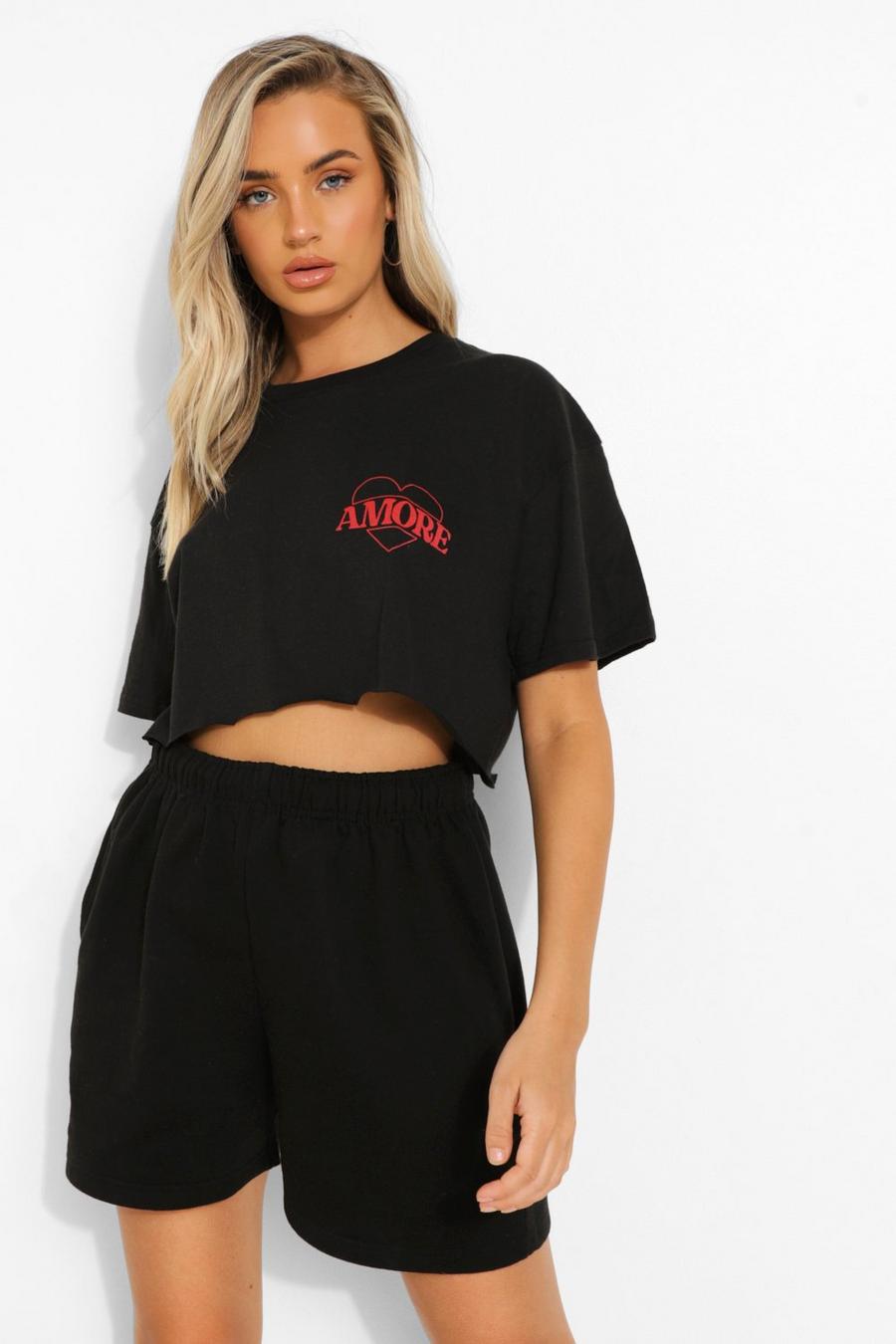 Black Amour Heart Print Cropped T-shirt image number 1