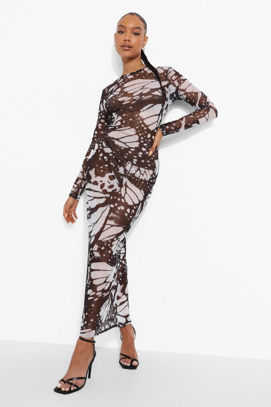 Black Butterfly Print Long Sleeve Maxi Dress image number 1