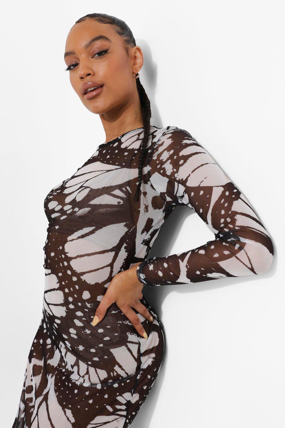 Butterfly Print Long Sleeve Maxi Dress