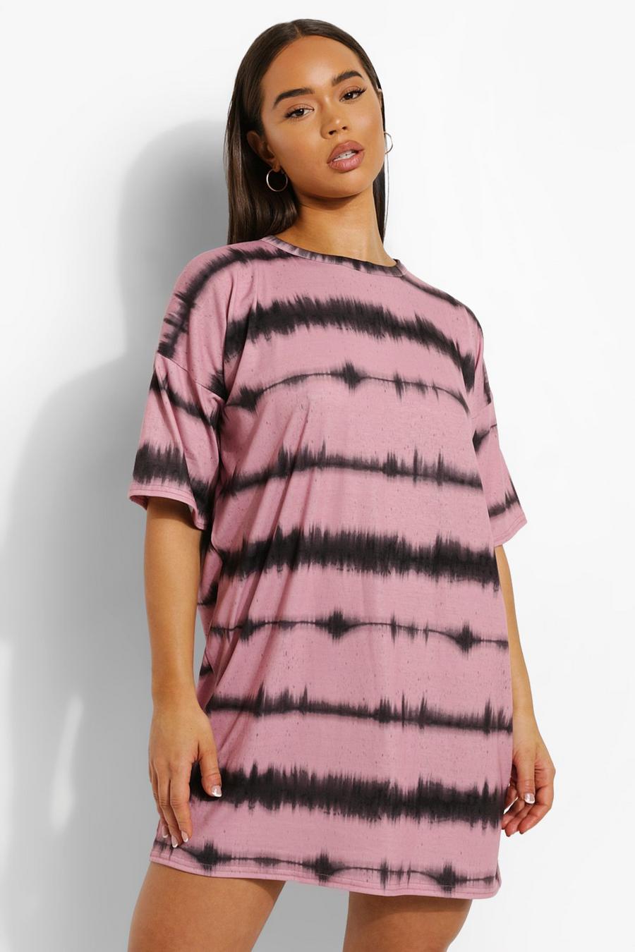 Gestreiftes T-Shirt-Kleid in Batik-Optik , Rosa image number 1