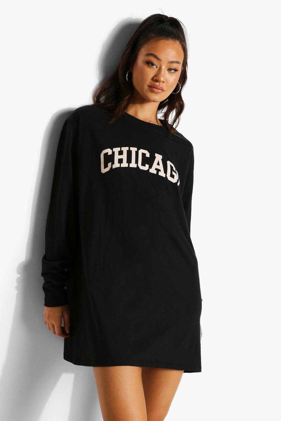 Langärmeliges T-Shirt-Kleid mit Chicago-Print, Schwarz image number 1