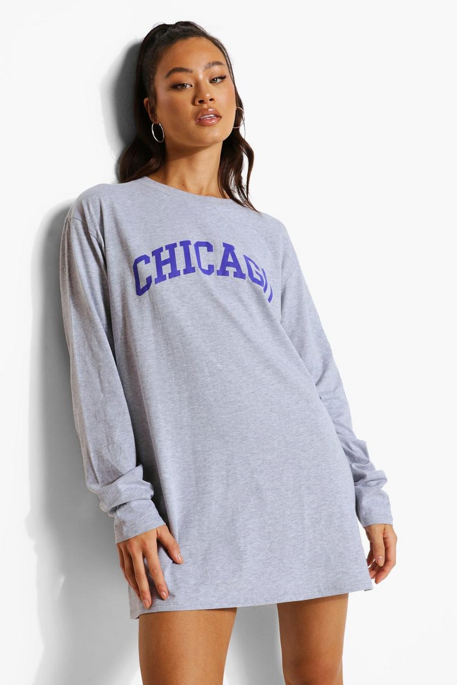 Langärmeliges T-Shirt-Kleid mit Chicago-Print, Grau