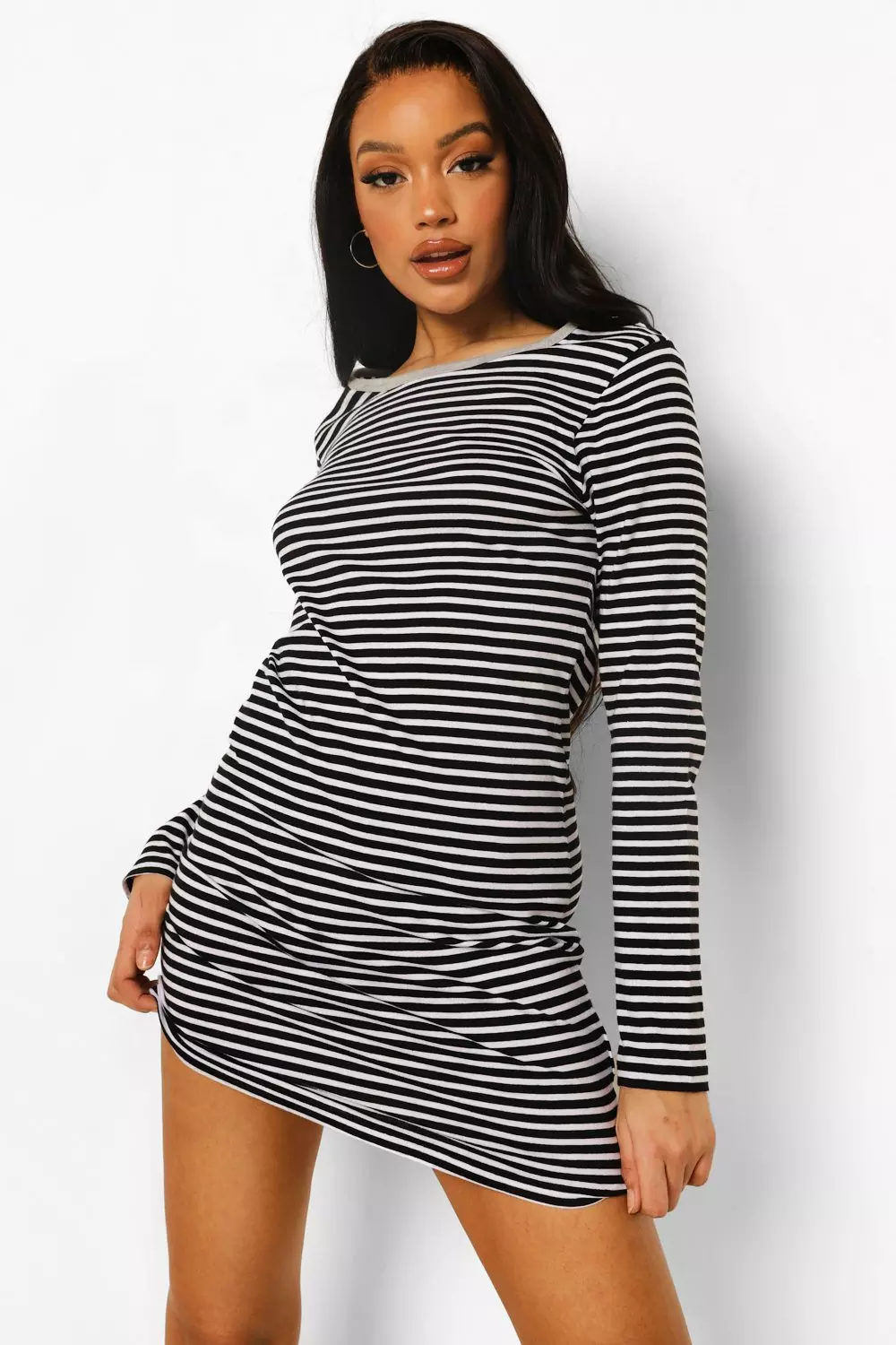 Black and white striped fitted cheap dress