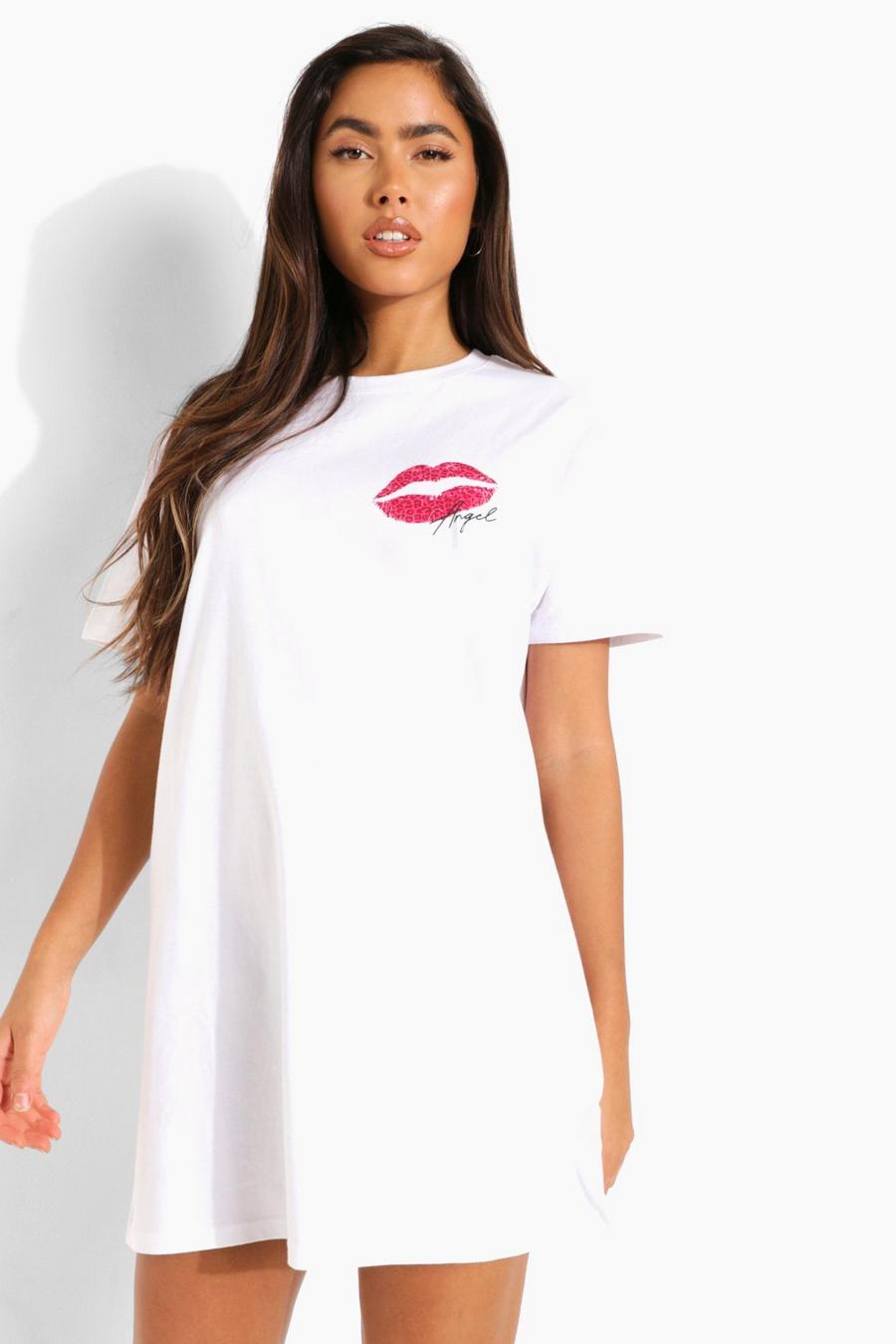 T-Shirt-Kleid mit Lippen-Print und Tasche, Weiß image number 1