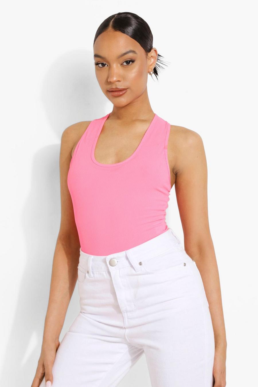 Neon-pink Plunge Rib Sleeveless Bodysuit image number 1