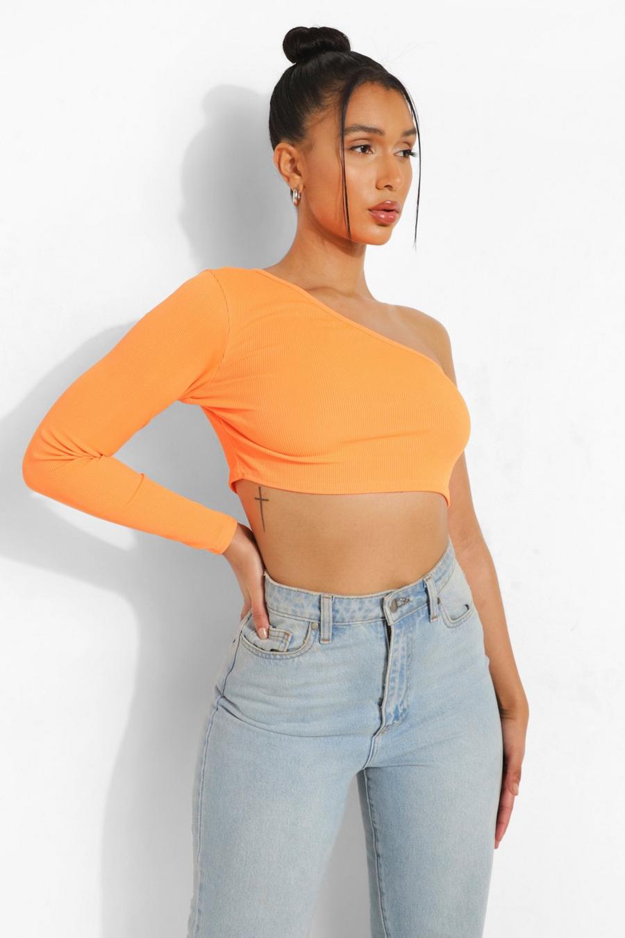 Neon-orange Ribbad one shoulder-topp image number 1