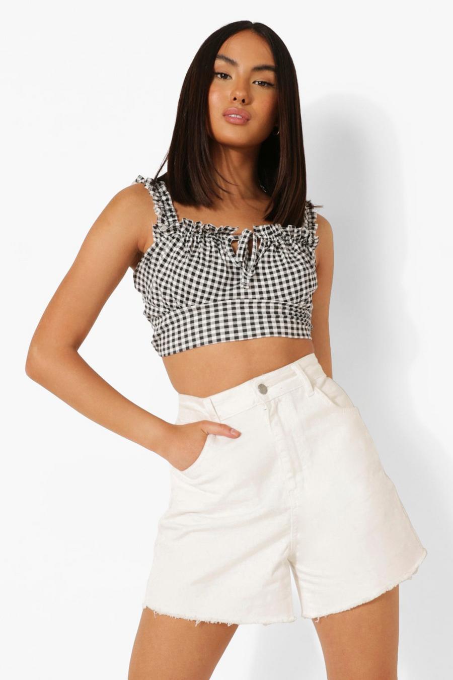 Black Gingham Cut Out Front Crop Top image number 1