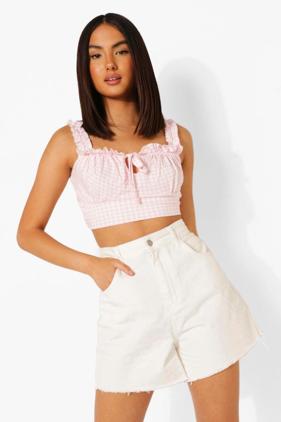 Pink Gingham Cut Out Front Crop Top image number 1